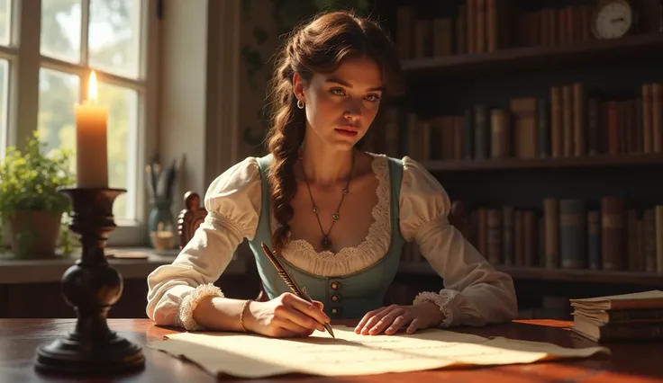 “A woman in the 1800s at a writing desk, using a quill to compose a heartfelt letter to their future self, with the date carefully noted at the bottom.”