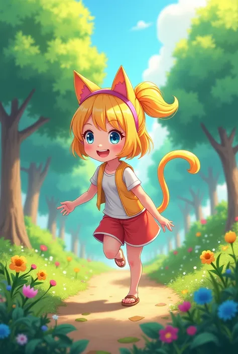 Blonde girl with ponytail hairstyle and cat ear headband and wearing summer outfit in a park