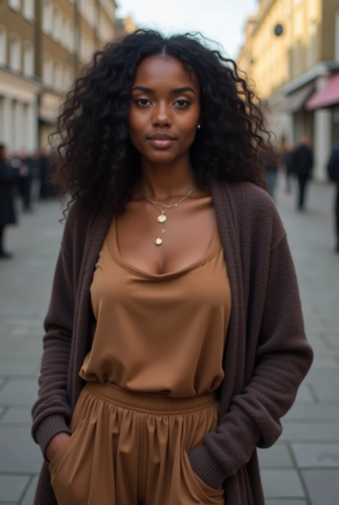 Create a photorealistic portrait of Althea Diallo, a striking 59" Black British woman with caramel-toned skin that radiates warmth and confidence. Her deep-set brown eyes reflect a contemplative, introspective nature, holding a quiet intensity beneath her ...