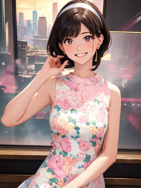 masterpiece、 high definition 、1 Girl、One person、whole body、woman、 bright smile、blush、Mid-chest、 skinny、 real、20th Generation、Retro clothing、sleeveless floral tight mini dress、 Heart Earrings 、 headband、1960s cityscape