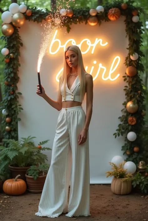 mujer de cabello largo lacio rubio piel pálida con wearing a white tailored cropped vest with pearl buttons and white pinstripe low-waisted wide-leg pants with frayed hem.Holding a burning pyrotechnic wand sparks ,  posing in front of a white wall for phot...