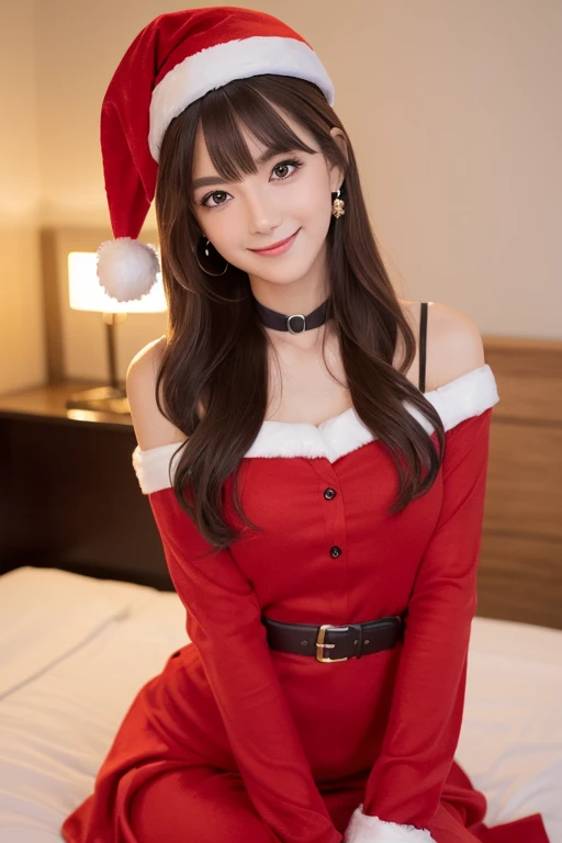  ((simple red christmas costume, fake fur ,flare dress ,long skirt, long sleeve , hat,choker) ),( professional photographer , super high definition , masterpiece,Anatomically Correct , Textured skin , Super Details , best quality , high definition , 8k,blo...