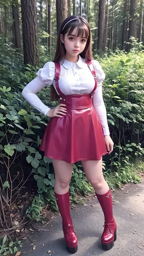  full body  , fitted figure , cute beautiful schoogirl,  beautiful cute teen face with big lips ,  High Waisted red sexy  leather skater  pinafore dress,  blouse short  puffy sleeves ,  High Waisted red leather skater fluffy pinafore dress, red neckband , ...