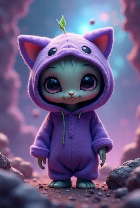 A cute grey no mouth no nose grey alien  green antenna and cosmic universe purple kitty hoodie with big black bug eyes wearing cosmic purple universe suit 