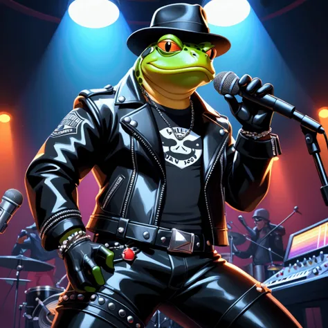 Closeup, Cartoon-style badass anthropomorphic light blue and white bullfrog, wearing an insanely cool glossy black leather Harley Davidson biker jacket open, black fedora, black shirt, black leather biker gloves, black leather biker pants pants, resembling...