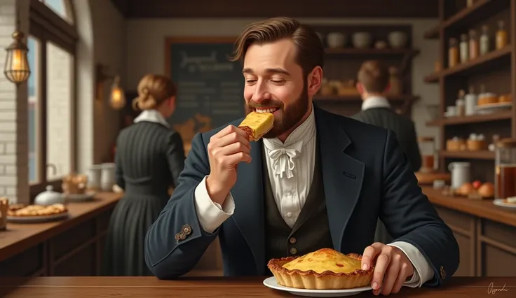 “An 1800s individual enjoying a slice of freshly baked pie at a quaint bakery, with a warm smile and a sense of quiet celebration.”