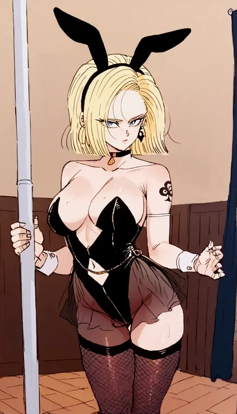 Ratatatat74 style, 1girl, solo, android 18, blonde hair, blue eyes, eyelashes, hoop earrings, short hair, earrings, standing up by pole, a woman standing by a bar pole dancing, wearing a black leather bunny outfit with bunny ears on her head, full view, st...