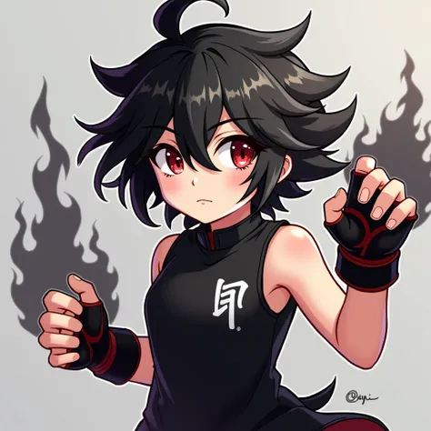 Guy,Messy black and white hair lying around, Black eyes with red pupils, Black sleeveless shirt with white Roblox logo lying on the right side of the shirt, wearing racing gloves, fighting pose, hands with black fire 