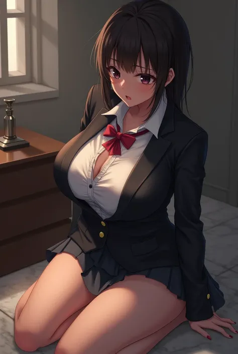 Busty student performing fellatio