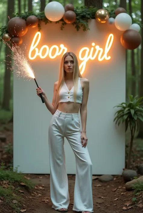 mujer de cabello largo lacio rubio piel pálida con wearing a white tailored cropped vest with pearl buttons and white pinstripe low-waisted wide-leg pants with frayed hem.Holding a burning pyrotechnic wand sparks ,  posing in front of a white wall for phot...