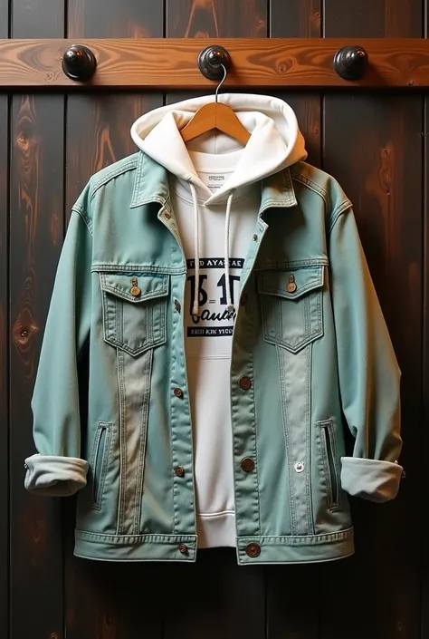 "Design a casual, oversized denim jacket in a light sage green color, layered over a white hoodie with a visible drawstring and graphic print on the front. Include distressed details on the jacket, rolled-up sleeves, and a relaxed fit. Position the ensembl...