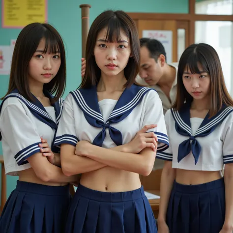 (((best quality, Masterpiece, Realistic photos, very detailed, Ultra high resolution, raw:1.3))), Three Woman in front of classroom, japanese girls, ((( crop top student sailor suit))), (( older sister middle sister and younger sister )), (((very lowwaist ...