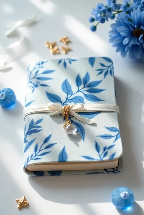 "Design an elegant journal with a fabric-bound cover in a serene blue and white botanical pattern. Wrap a thin white ribbon around it, adorned with small golden charms and a dangling crystal pendant for a sophisticated touch. Position the journal flat on a...