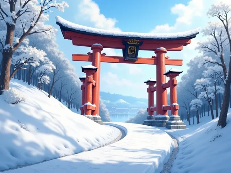 Snow-capped Senbon Torii Gate and worship path。Illustration like the photo 。 best quality。accurate。