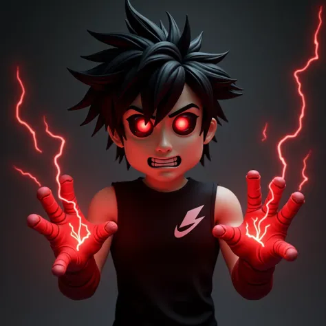 Guy,Messy black and white hair lying around, Black eyes with red pupils, Black sleeveless shirt with white Roblox logo lying on the right side of the shirt, wearing racing gloves, Red Thunder Hand 