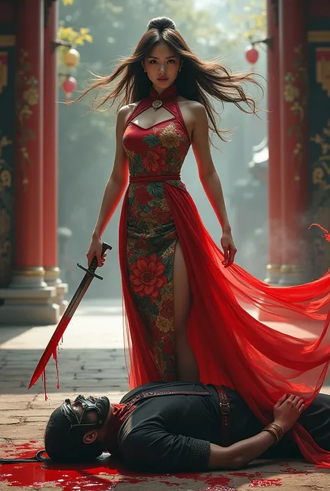 Hight quality, realistic view, very beautiful woman, woman kill ninja, ninja dead, cut throat a male ninja, male ninja, male ninja full face mask, ninja neck Splash blood, Chinese woman, woman knife, woman very thick hair, woman beautifull styles Cheongsam...