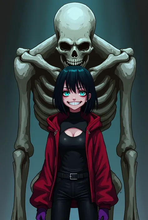 A skeleton monster, a girl without hair, she has turquoise pupils, red mascara under her eyes, wears a black tight turtleneck, and wears black pants, and on top she wears a red hoodie with a cutout on the chest, which is dressed a little to the shoulders, ...