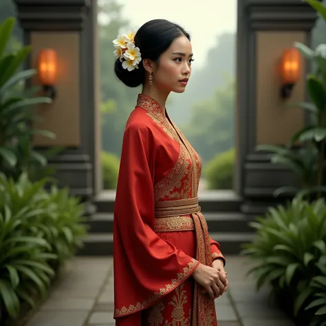 A young Balinese woman wearing a vibrant red kebaya adorned with intricate golden embroidery. She stands gracefully, wearing a kamen with traditional Balinese motifs and a golden sabuk prada around her waist. Her hair is styled in an elegant bun, decorated...