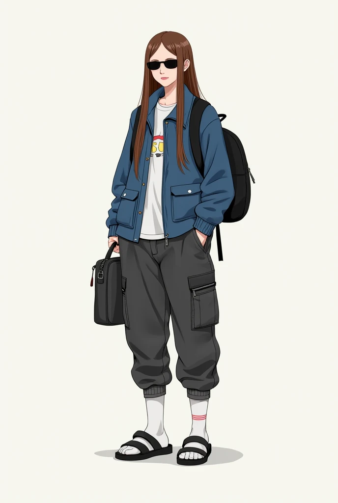 Brown long straight hair, blue clothes, white pants, black cargo pants, bag, black backpack, shoes, slippers, socks are white, basic band on the left cheek, sunglasses, on the top of the shirt, and vest padding is sparse