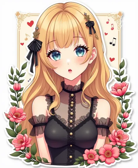 sticker,l with border, 1-girl, her name is Detra, beautiful face, anime image of a American woman, blonde long hair, loose waves, blue eyes, Super pretty 45-year-old, she is a music artist, standing, surrounded by beautiful cute flowers, elements of piano ...