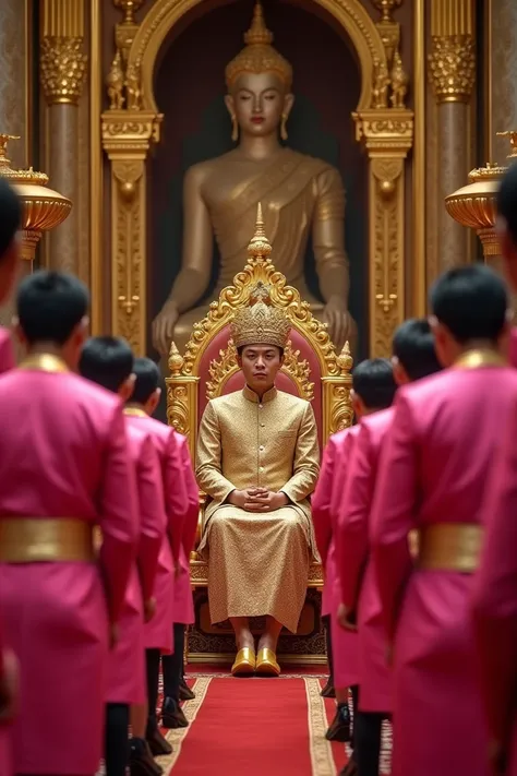 The Thai king, wearing a turban, sitting on the throne, is giving gold to Thai men wearing a pink dress with a gold band with a belt in the palace.