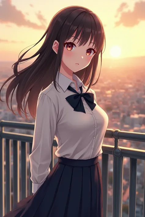 Anime girl with Japanese uniform have medium breast. She is looking to camera. The railing is behind her. The city is under the railing at morning 