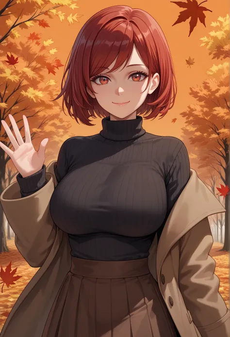 score_9, score_8_up, score_7_up,  1girl, autumn, autumn leaves, black sweater, bob cut, breasts, brown coat, brown skirt, closed mouth, coat, large breasts, leaf, leaf background, long sleeves, looking at viewer, medium hair, off shoulder, orange backgroun...