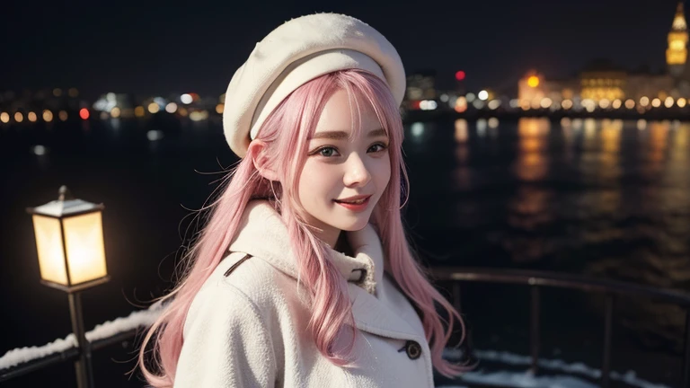 winter, urban area, amid the crowd, city shines with illuminations, dressed in winter fashion, wearing a beret, blushing, being embarrassed, laughing, long length bright white and pink hair, hair fluttering in the wind, beautiful white-colored translucent ...