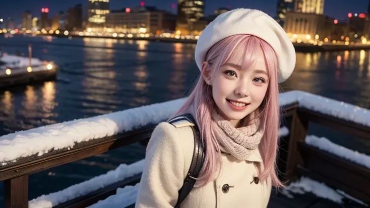 winter, urban area, amid the crowd, city shines with illuminations, dressed in winter fashion, wearing a beret, blushing, being embarrassed, laughing, long length bright white and pink hair, hair fluttering in the wind, beautiful white-colored translucent ...