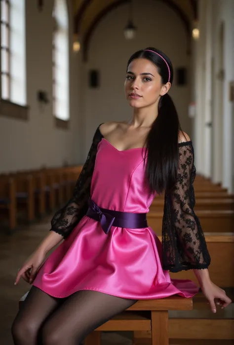 young black haired german woman, beautiful eyes. long black hair with ponytail. hairband, kneelengh Etuidress in pink shiny satin with black lace sleeves, Tights, dark purple Satin ribbonbelt, transparent lip gloss, narrow building, Pretty, 2, Full body ph...