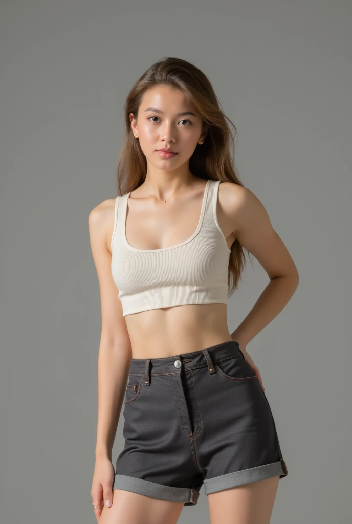 belle fille en crop top et short dans un fond gris 