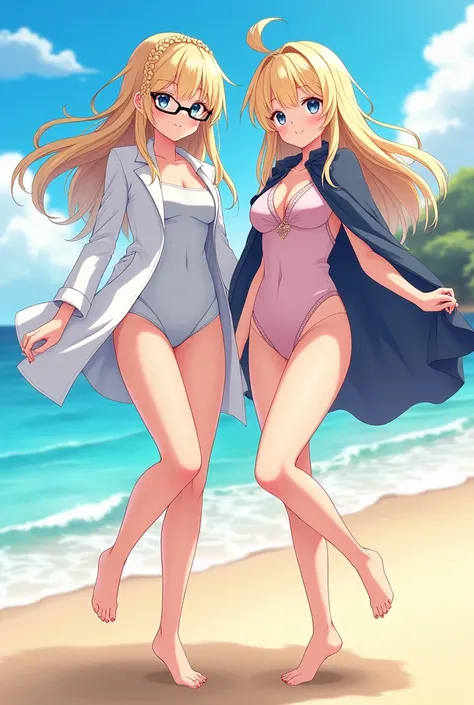  1 twin of anime beautiful girls wears braided glasses。Wearing a white coat in a swimsuit 。 the other one has long hair and blond hair 。 wearing a cape in a bathing suit 。