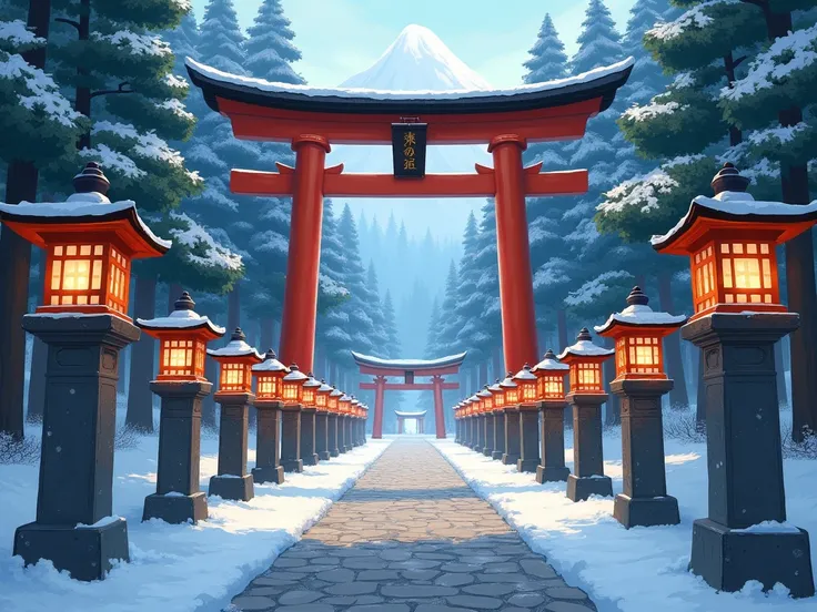  with snow-capped torii gates and stone lanterns lined on both sides of the prayer path 。The path of worship is cobblestone paved 、両脇には石燈篭が並んでいる。Illustration like the photo 。 best quality。accurate。