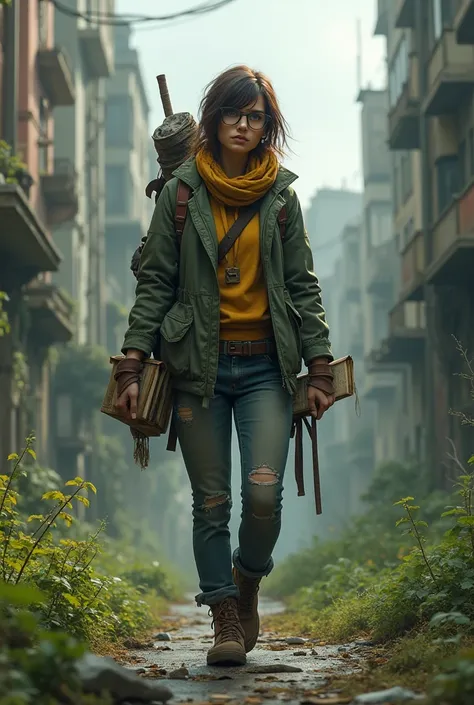 Doomsday City, Game Character, Female, botanist, Cloudy, Full Body Shot, Wear glasses,hold books, Gardening tools