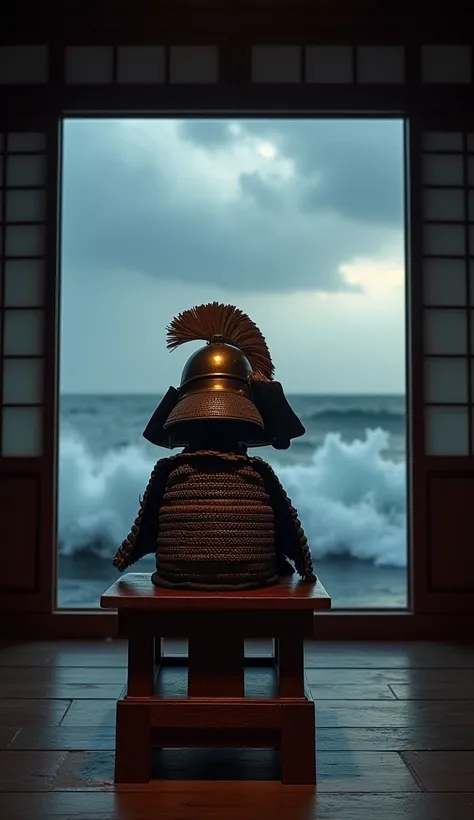 Prompt:
"Mid-closeup shot of a Japanese samurai helmet and armor placed on a wooden stand inside a small traditional shrine, symbolizing protection and victory. The background features the distant stormy ocean visible through an open wooden doorway, with c...