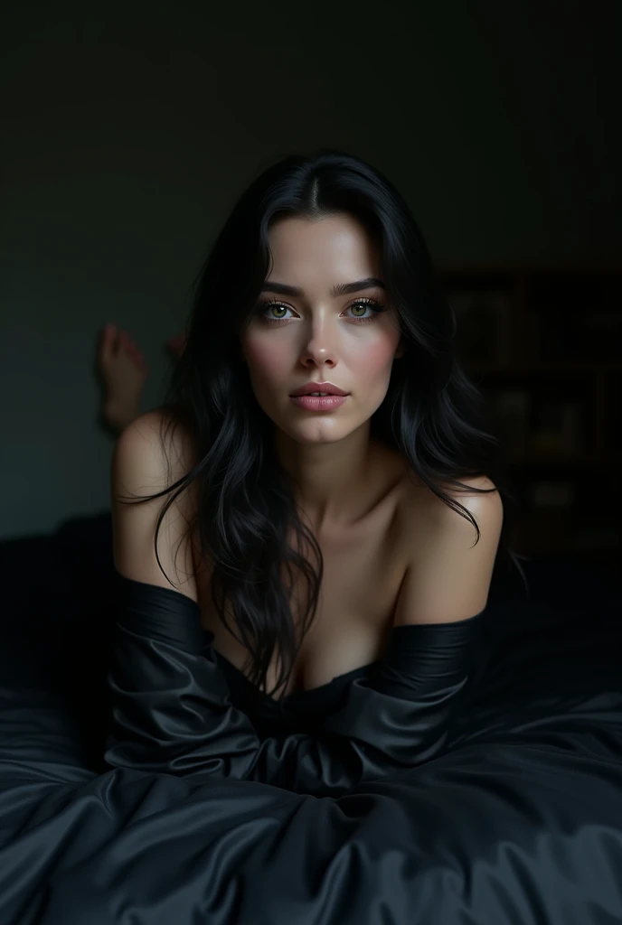 (photorealism:1.2), beautiful woman, laying on bed with black sheets, wearing a black loose off-shoulder dress, long raven straight hair, sapphire eyes, indoors, dark lighting, nighttime, dark gloomy cozy room, relaxed pose, realistic, intricate details, d...