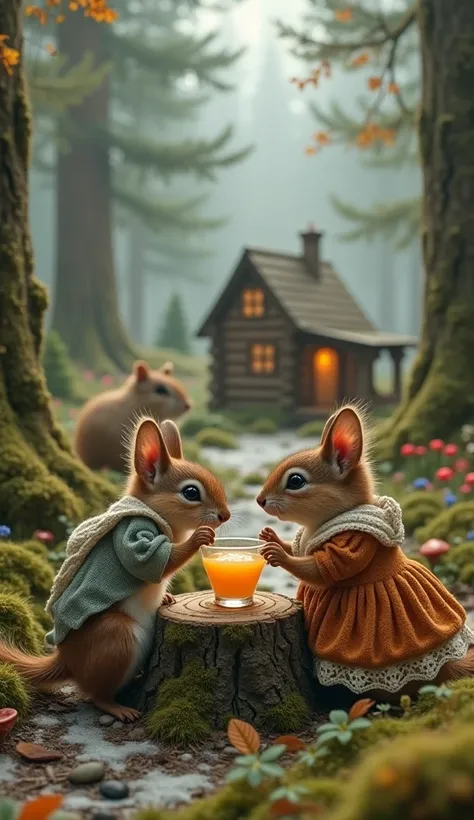 Beautiful forest. Small small animals wearing clothes. Squirrels are drinking juice from a small stump. Realistic. Like a Grimms fairy tale. Small animals wearing clothes. A small log house. Winter season.