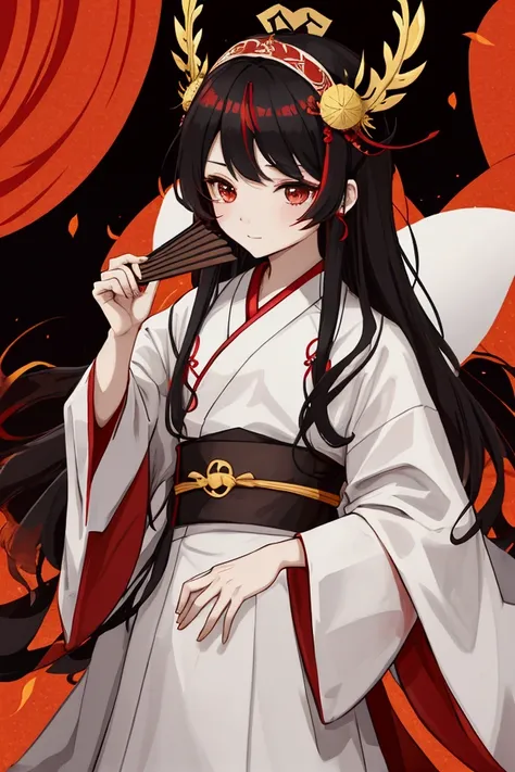 The Chibi lad is half wearing a headdress ，Wearing Hanfu， holding a fan with red and golden black hair in his hand
