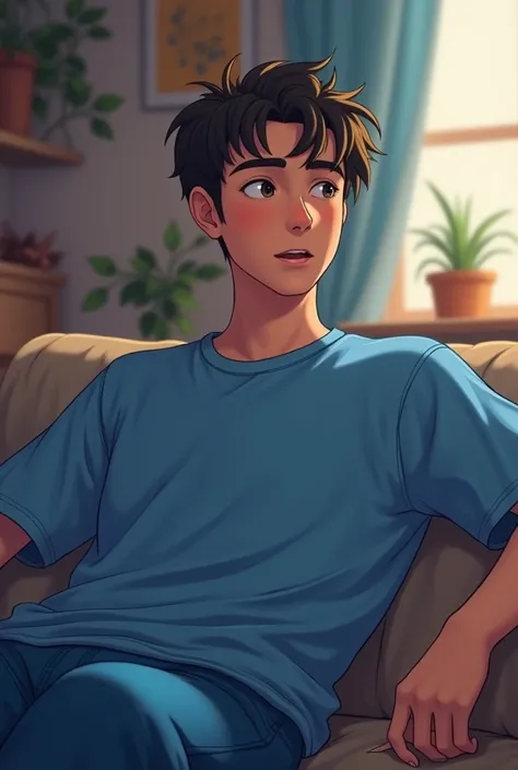 Male teen wearing blue clothes at home