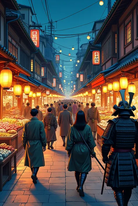 Create 3 different variations of the same AI image of a bustling Japanese city at night, depicted in colourful manga style. The main panel is streets crowded by people wearing traditional 1700s kimonos wearing their wooden gata sandals, walking through nar...