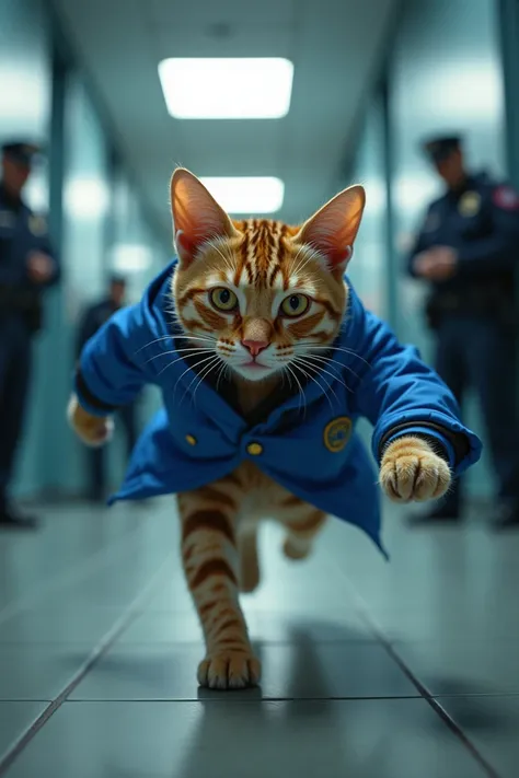 A cat waering blue jacket escape from police station