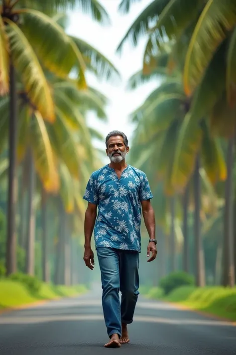 A kerala traditional men walking on the road baground coconut tree. Looking like age 35 handsome. Wearing jeans and  blue flowers t shirt. Digital art 