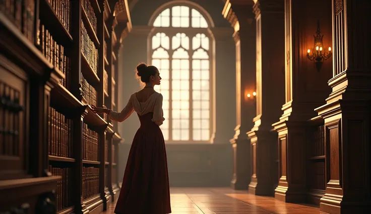 “A woman in the 1800s browsing a grand library, running their fingers along the spines of leather-bound books, with sunlight filtering through tall windows.”