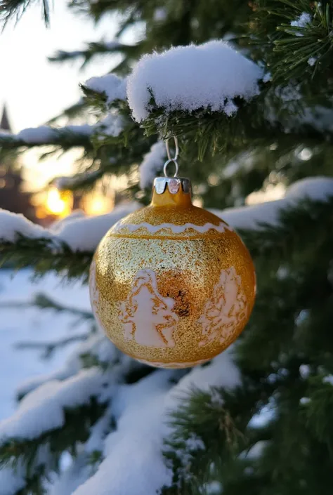 close-up, trunk and branches of a fir tree covered in snow, a Christmas glass ball with beautiful frosted ornaments on it is hung on a branch, it reflects the light, sunlight, snowflakes, beauty