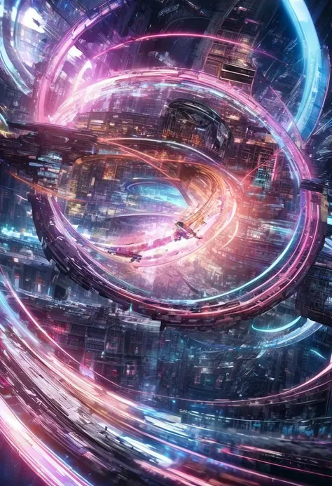 science-fiction, realistic. glowing shadow of cyber-punk train flying in the cosmic space very spirally and dinamically and breaking many layers of the dimension, with many beautiful light trails spiraling. many historical landmarks in the world are displa...