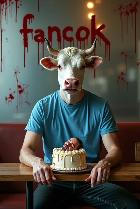  A real man with a cows head wearing a blue t-shirt and black jeans sits in a cafe holding a birthday cake On top of the cake is the head of a handsome man and on the head there is a lit candle seen staring at the camera with a smile, transparent cafe glas...