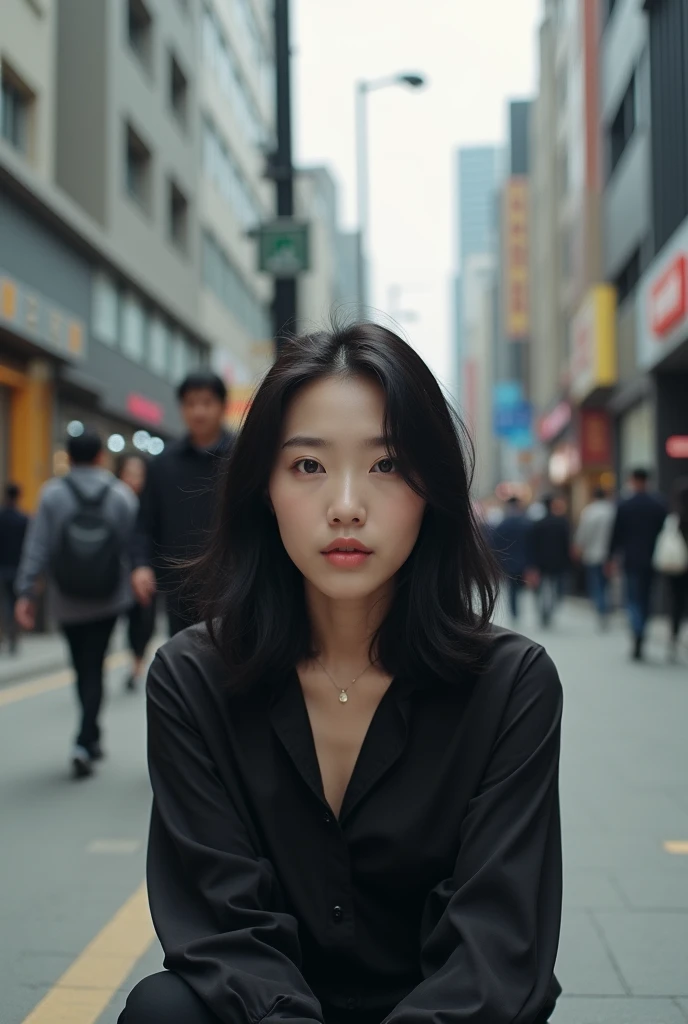  Beautiful Korean woman wearing black long-sleeved shirtPicture of dancing woman sitting on the edge of a crowded city roadside sidewalk in the morning, chin-length manyun lips facing the camera .ultra HD,Realist.