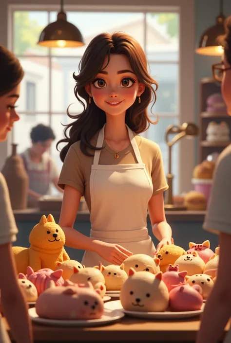 bakery, brunette woman baking, selling baked goods to customers, baked goods in the shape of pets, detail details, as real, real