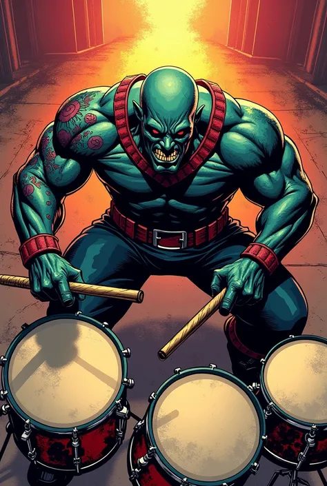 Drax playing on drums , view from above , comic style
