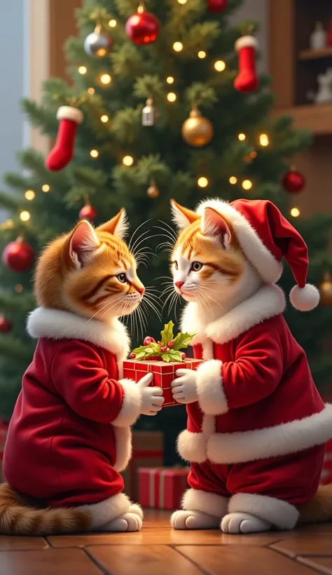   A beautifully decorated Christmas tree Realistic oil paint image of an emotional Christmas scene of cats and ren in adorable Santa costumes gathering around.   anthropomorphic cats and Japanese s are wearing festive Christmas clothes  ,  like Santa Claus...